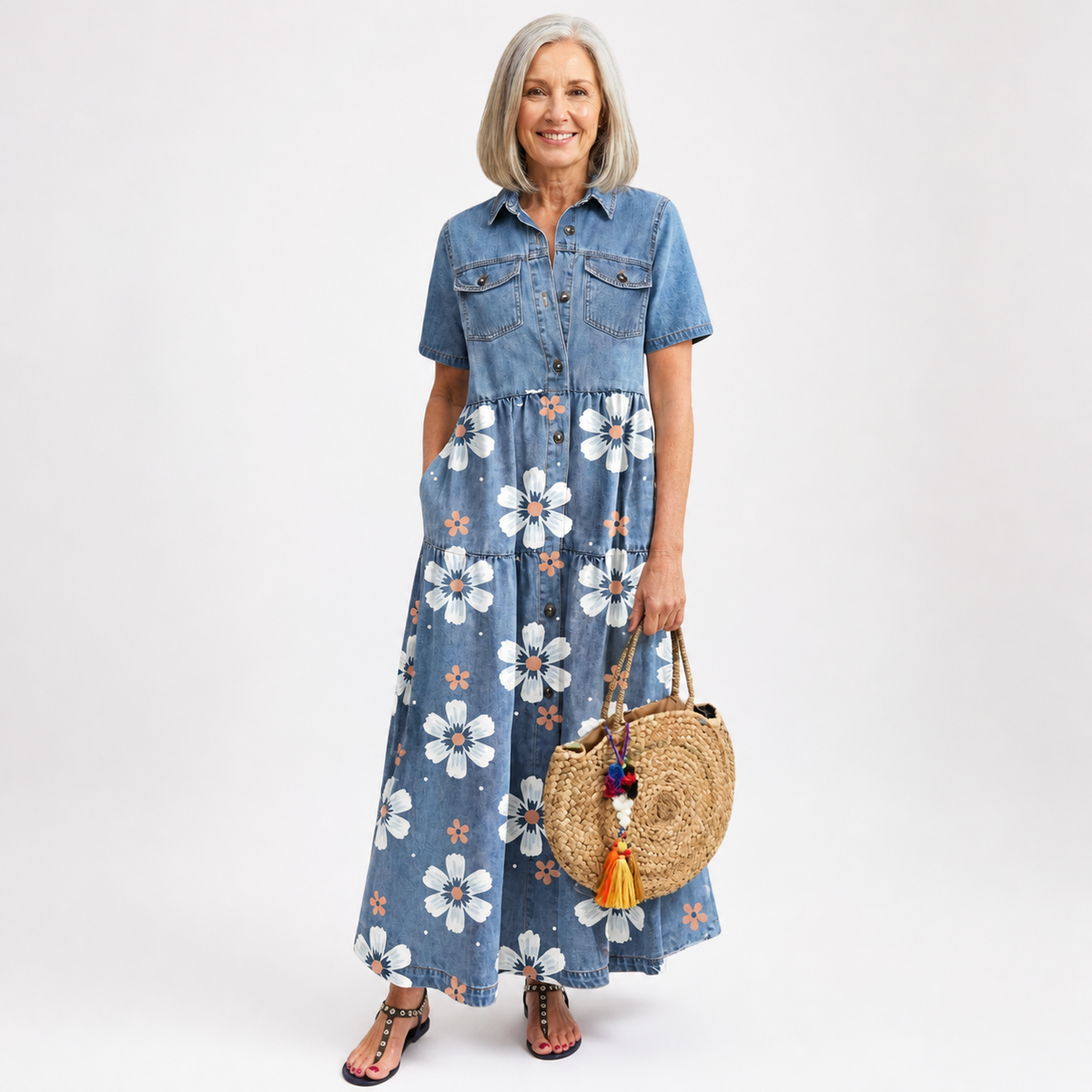 Claire™ | Robe Fleurie en Denim