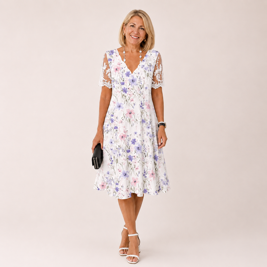 Gisèle™ | Robe Midi à Manches en Dentelle Florale